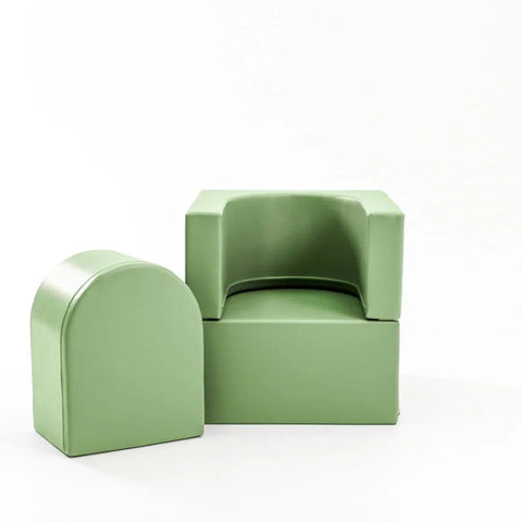 1. Green IGLU Snoozy soft play sofa chair with three sections shown in a studio setting