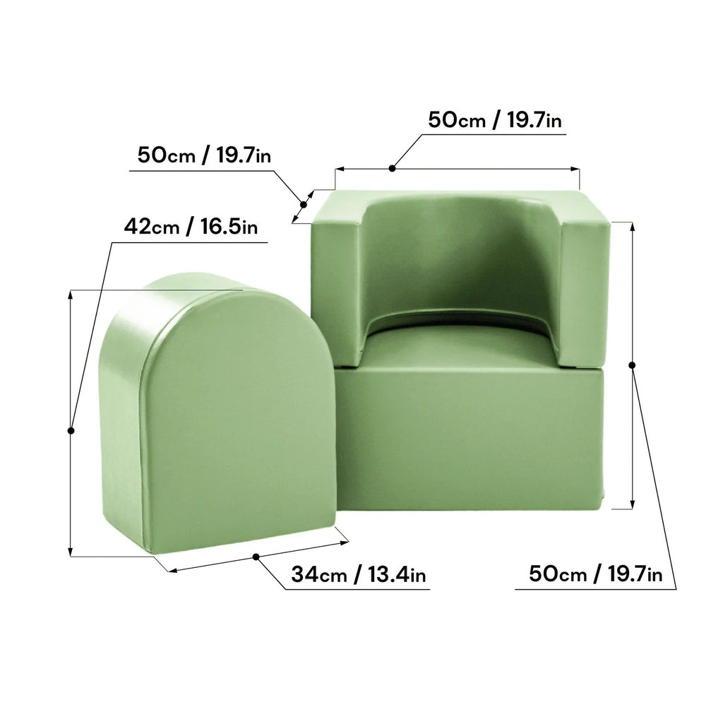 2. Size chart for green IGLU Snoozy soft play sofa chair with dimensions in centimeters and inches