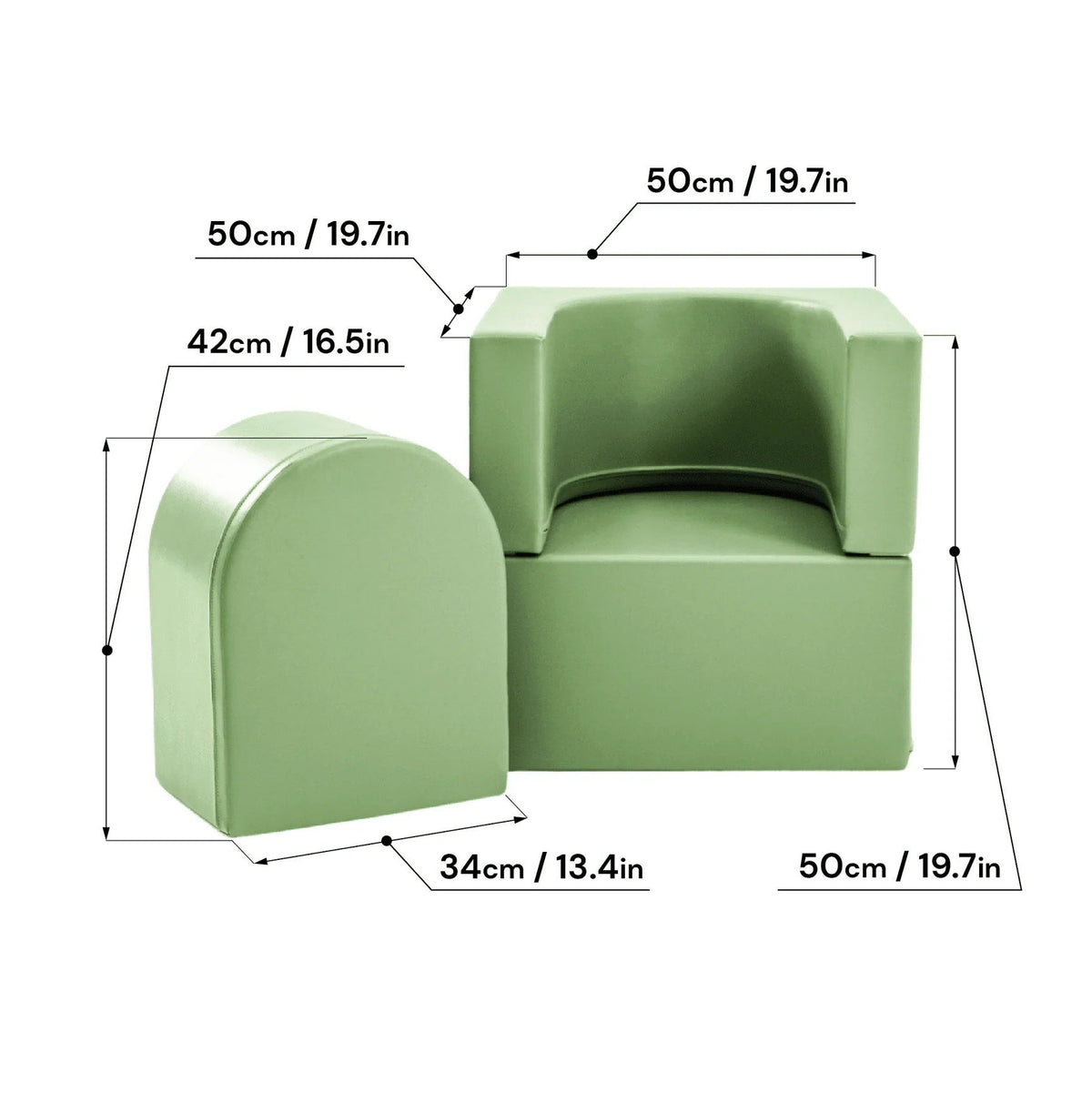 2. Size chart for green IGLU Snoozy soft play sofa chair with dimensions in centimeters and inches