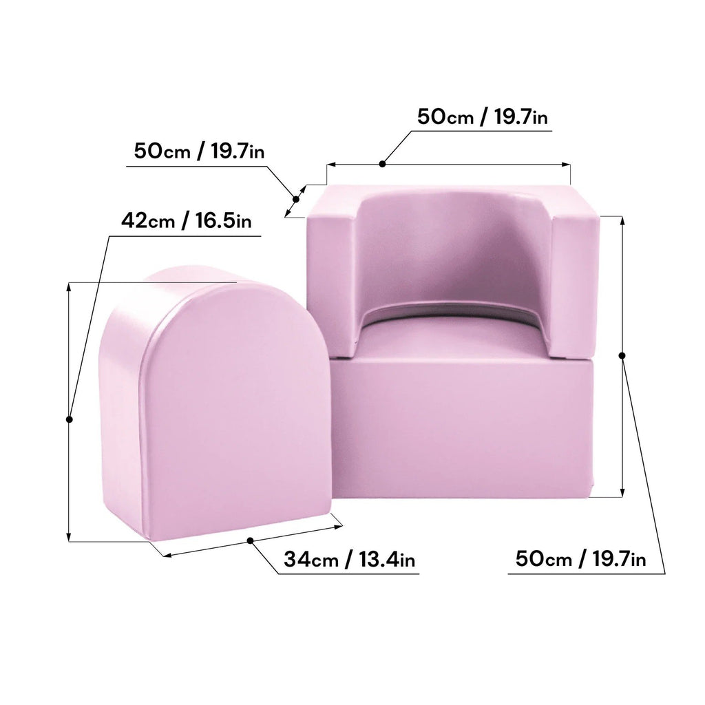 5. Size chart for IGLU Snoozy pink soft play sofa chair showing dimensions in centimeters and inches