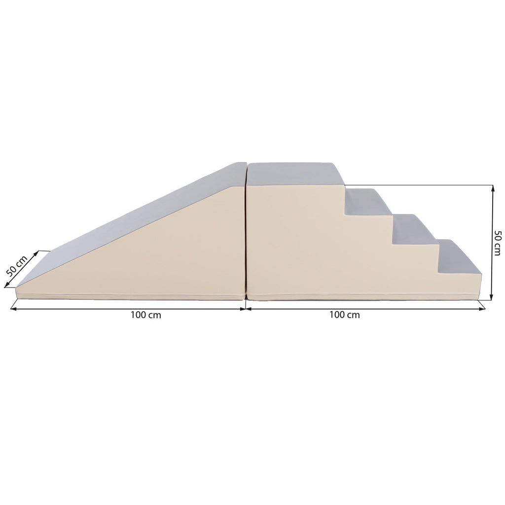 10. Size chart for beige and grey soft play step and slide set with dimensions in centimeters