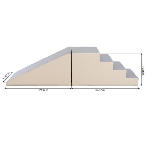 2. Size chart for beige and grey soft play step and slide set with dimensions in inches
