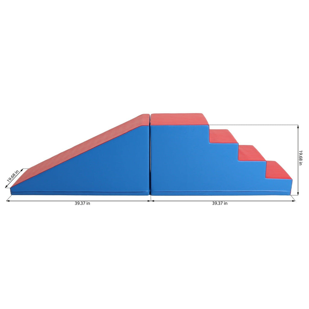5. Size chart for blue and red soft play step and slide set with dimensions in inches