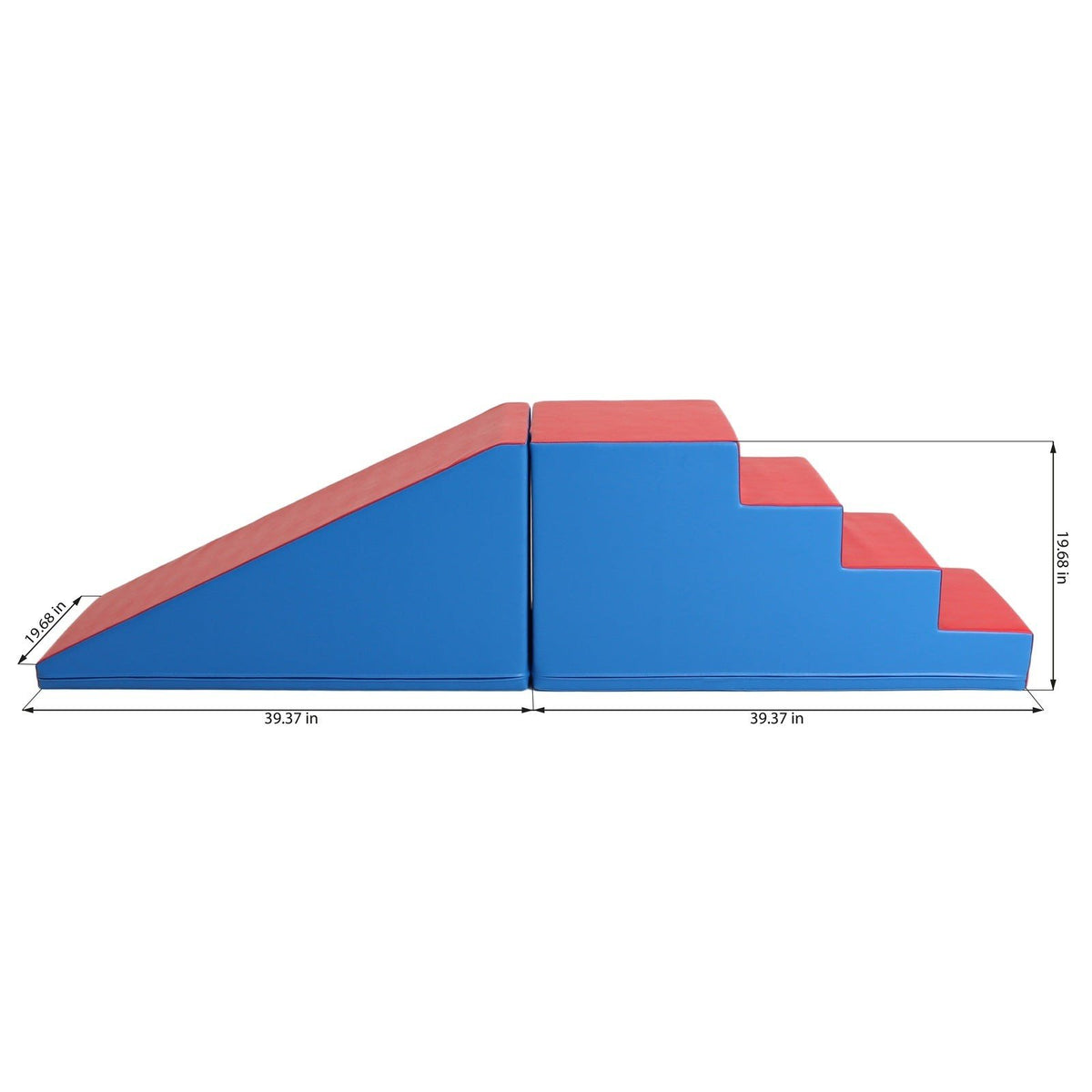 5. Size chart for blue and red soft play step and slide set with dimensions in inches