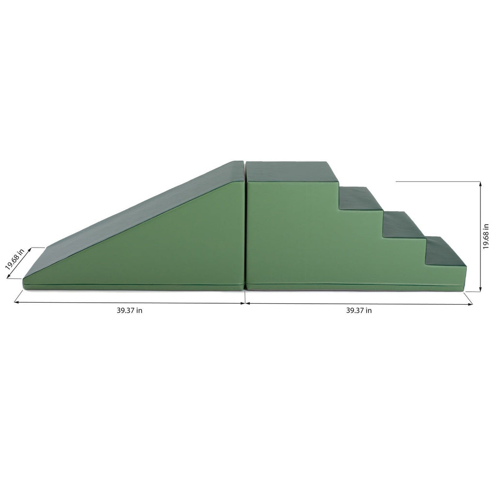2. Green soft play step and slide set with dimensions in inches on a white background