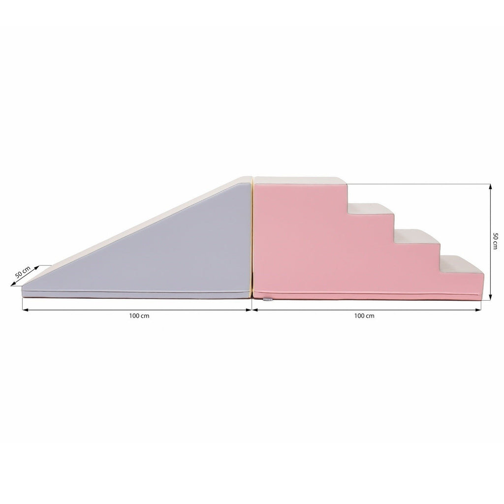 5. Size chart for pink and grey soft play step and slide set with dimensions in centimeters