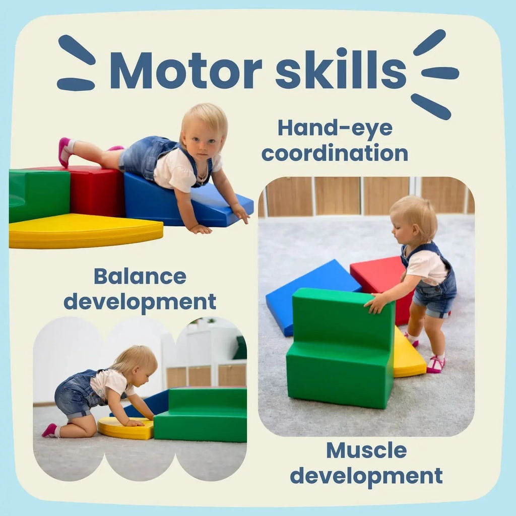 4. Toddler engaging with colorful soft play set, promoting motor skills like balance and hand-eye coordination