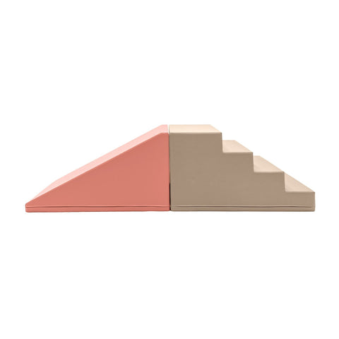 1. Pink and beige soft play step and slide set by IGLU on white background