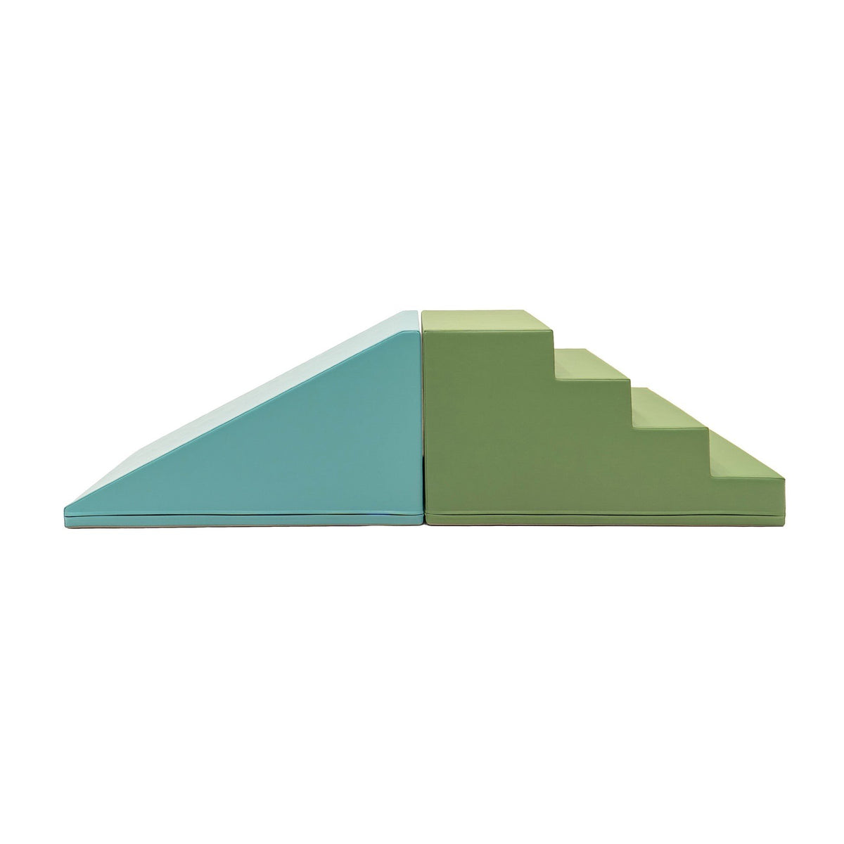 1. Studio shot of IGLU soft play step and slide set in pastel turquoise and green, showing side view of steps and slide