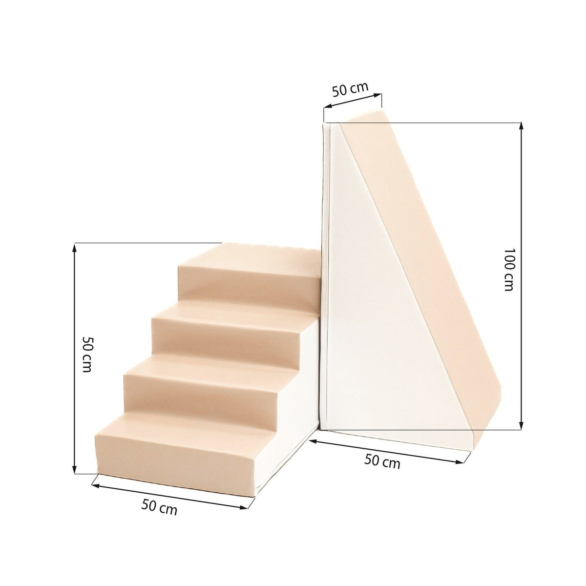 5. Size chart for IGLU soft play step and slide set in white and beige showing dimensions in centimeters