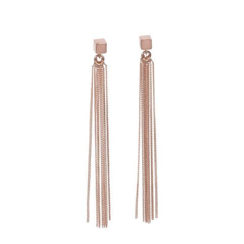 2. MyaMoon women's rose gold C-Tassel earrings with cube stud and chain tassels, studio shot