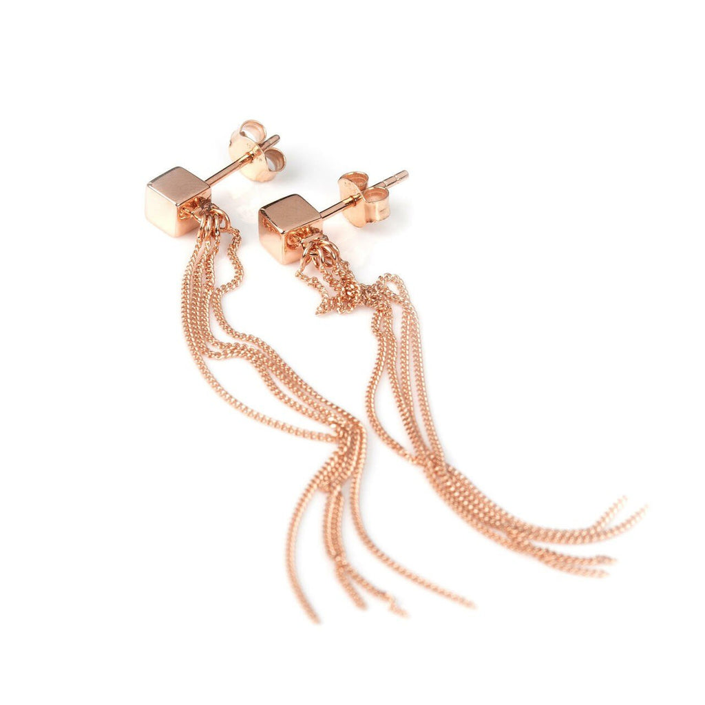 3. Close-up of MyaMoon women's rose gold C-Tassel earrings showing cube stud and chain tassels