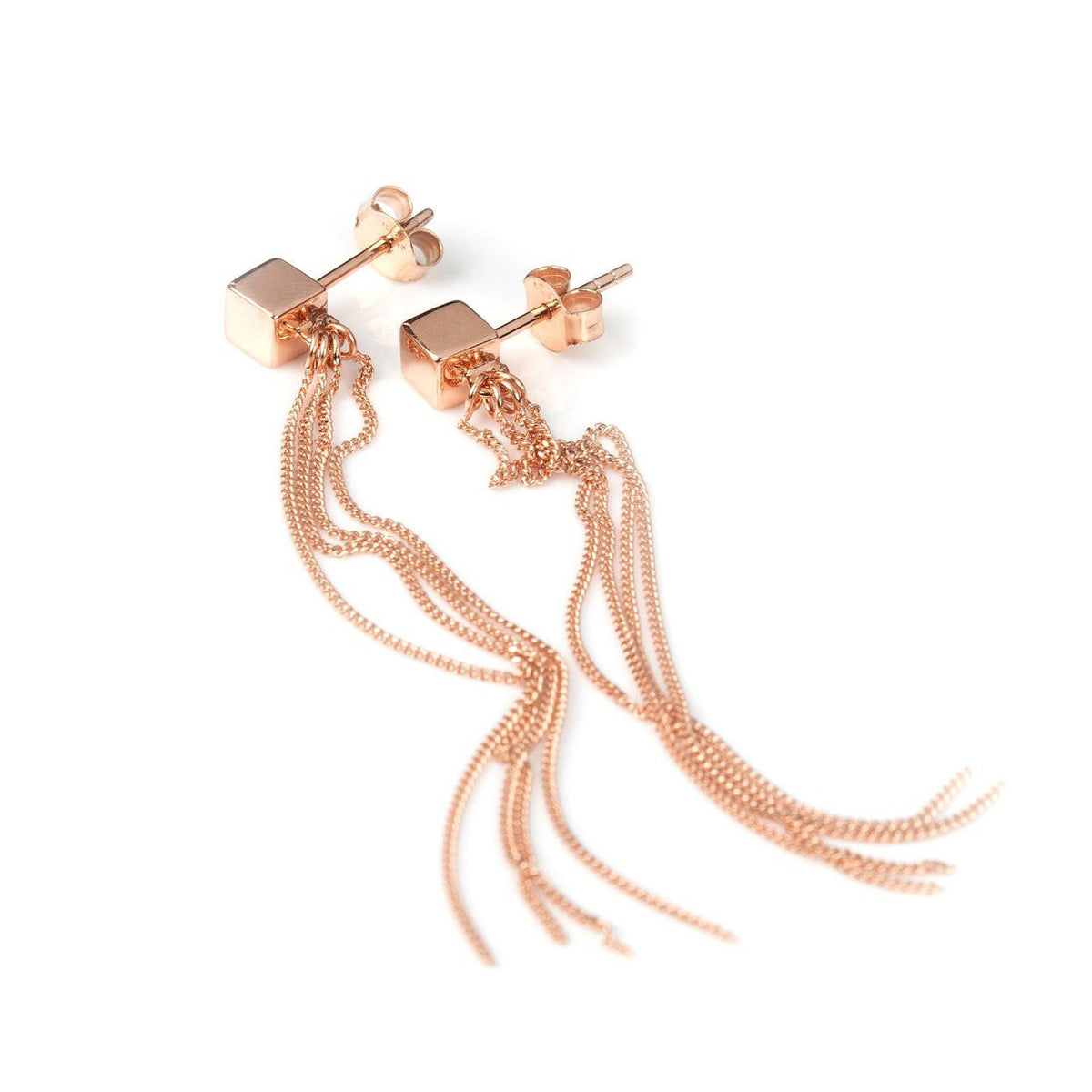 3. Close-up of MyaMoon women's rose gold C-Tassel earrings showing cube stud and chain tassels