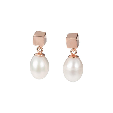 3. Studio image of MyaMoon solid pearl drop earrings in rose gold with freshwater pearls