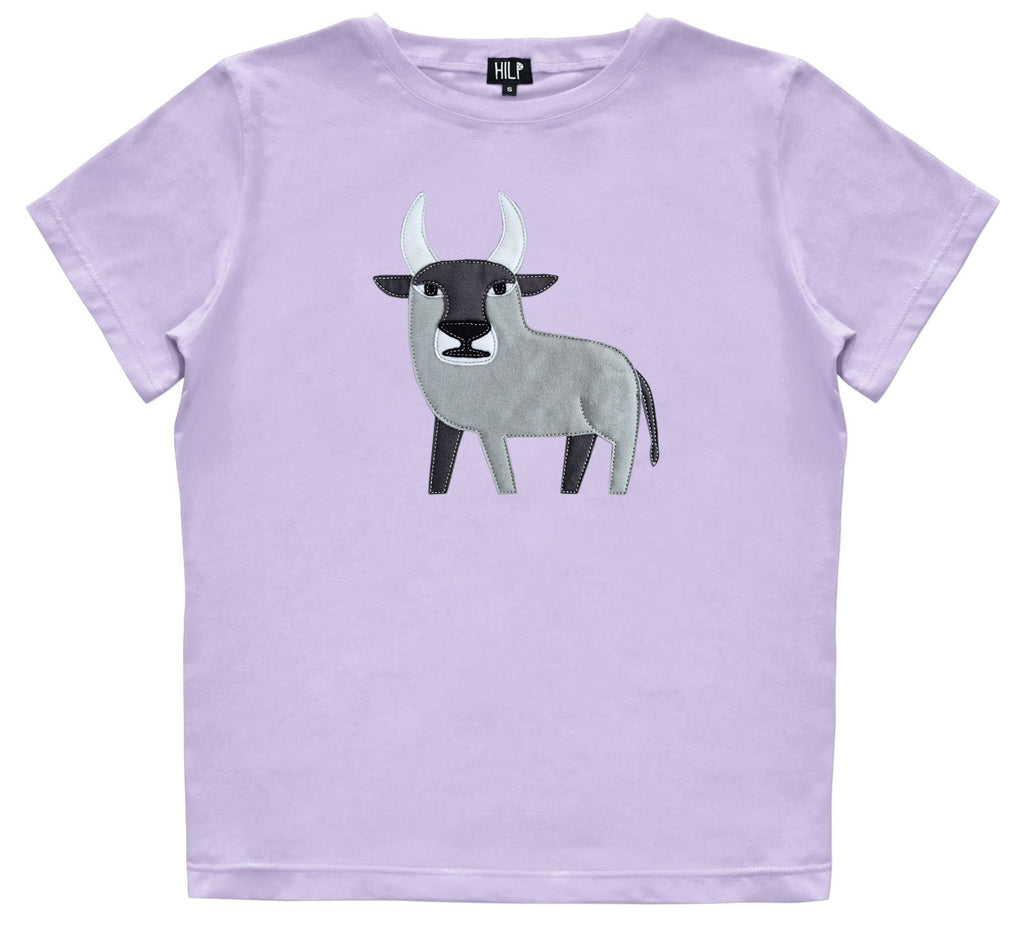 7. Women's Taurus T-shirt by HILP in purple with embroidered bull, studio shot