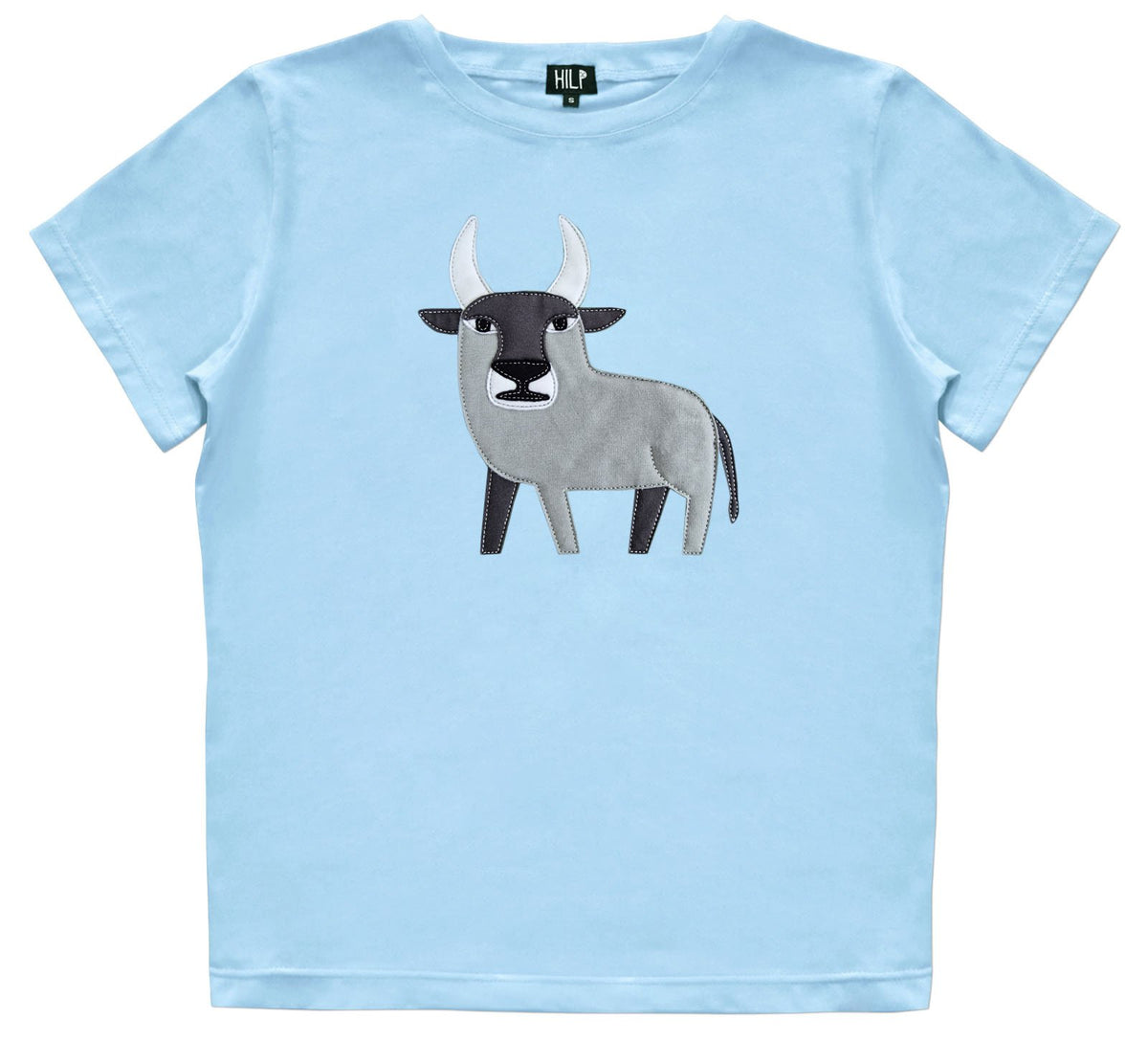 5. Women's Taurus T-shirt by HILP in light blue with bull embroidery, studio shot