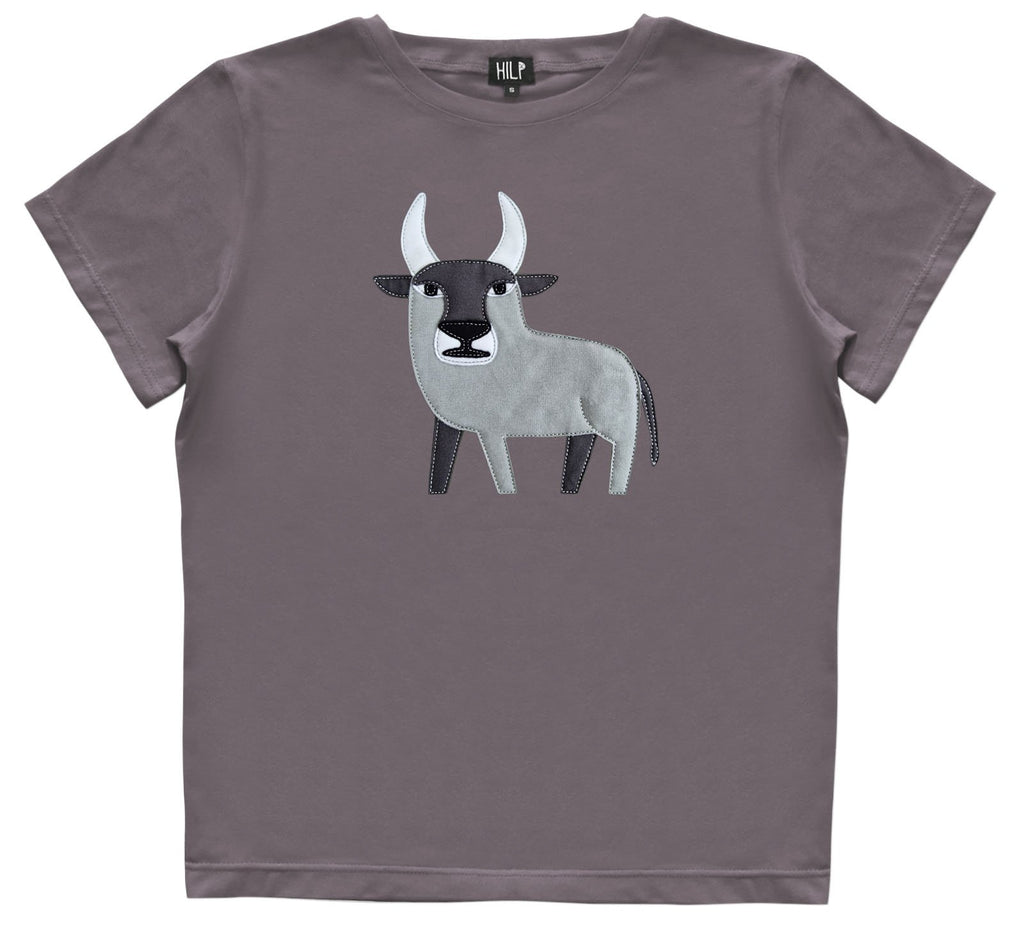 1. Women's Taurus T-shirt by HILP in grey with embroidered bull design, studio shot