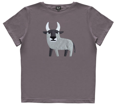 1. Women's Taurus T-shirt by HILP in grey with embroidered bull design, studio shot
