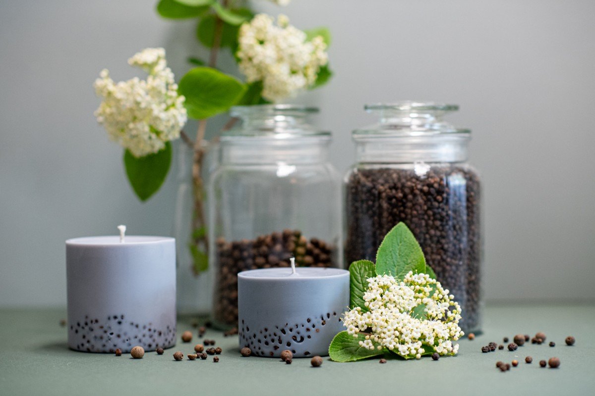 7. Pair of TL Candles hand-made soy wax candles with patchouli scent, styled with black pepper and myrtle