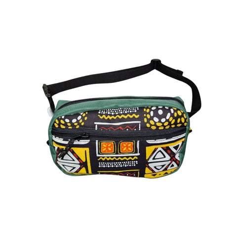 2. Drinbags spacious water-resistant waist bag with African print, featuring two pockets and adjustable strap, shown on white background