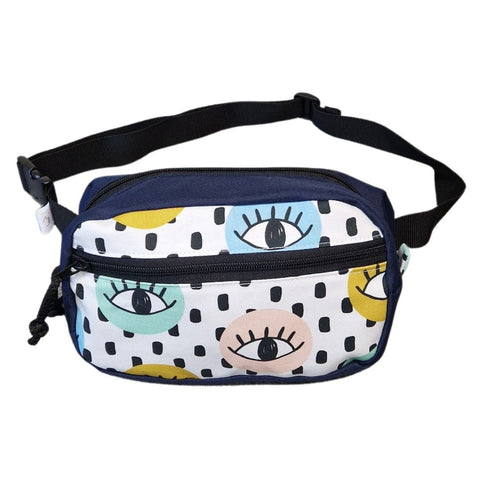 1. Drinbags water-resistant waist bag with colorful eye pattern and adjustable strap, shown in studio setting