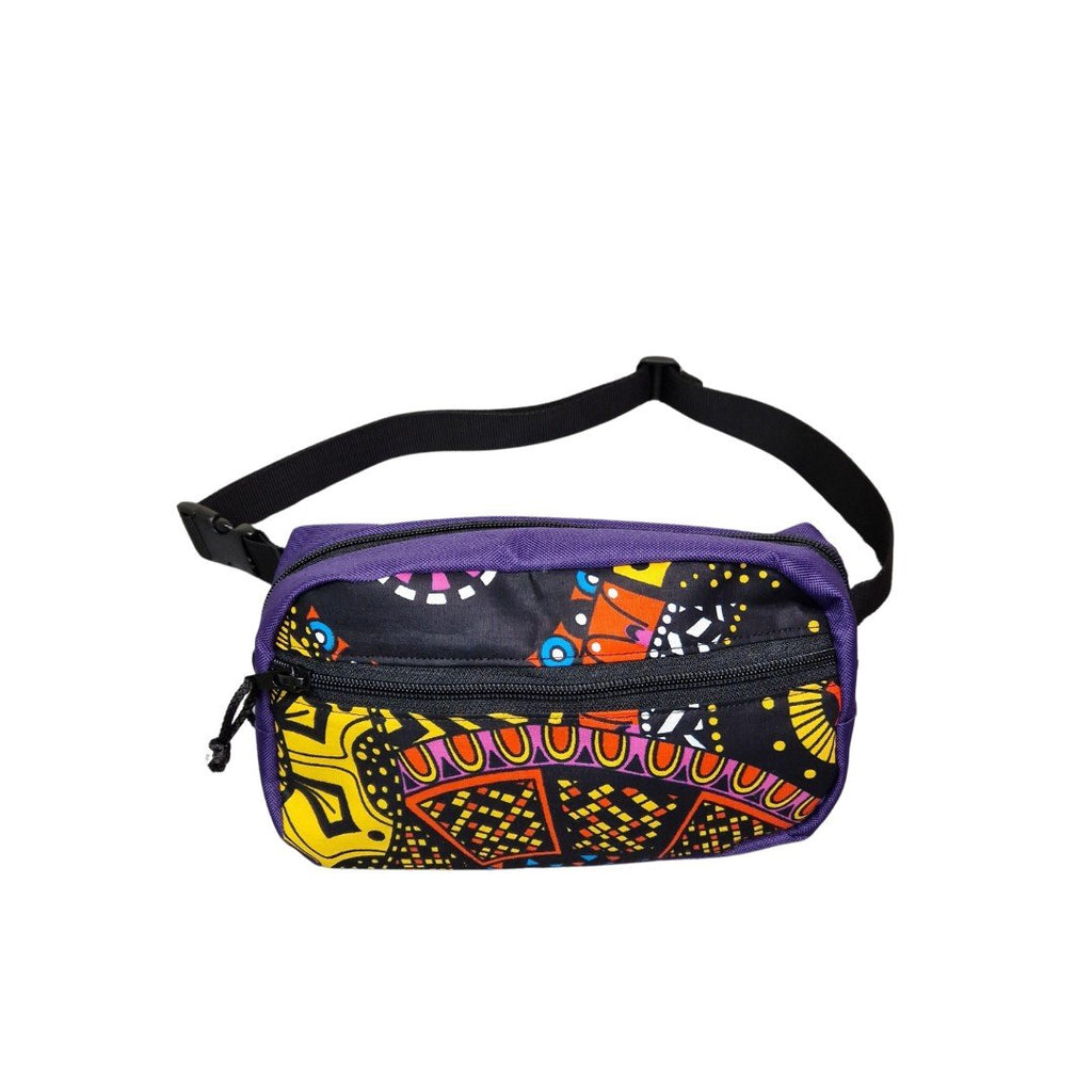 3. Drinbags waist bag with kaleidoscope pattern and purple trim, featuring front pocket and adjustable strap, studio shot