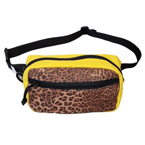 1. Yellow and leopard print water-resistant waist bag with black adjustable strap, front view