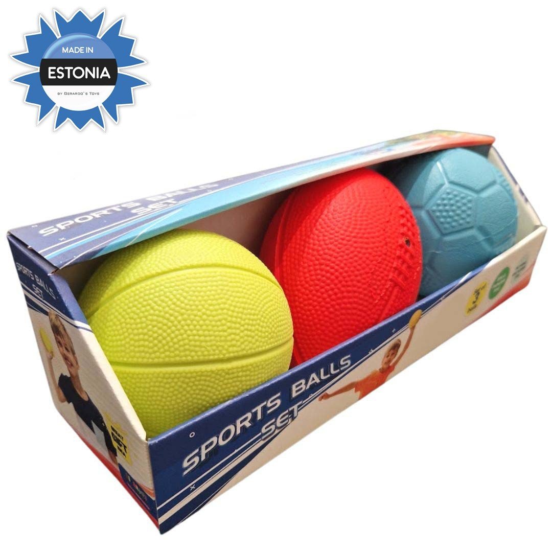 2. Gerardo's Toys sports balls set with yellow, red, and blue balls in packaging with Estonia label