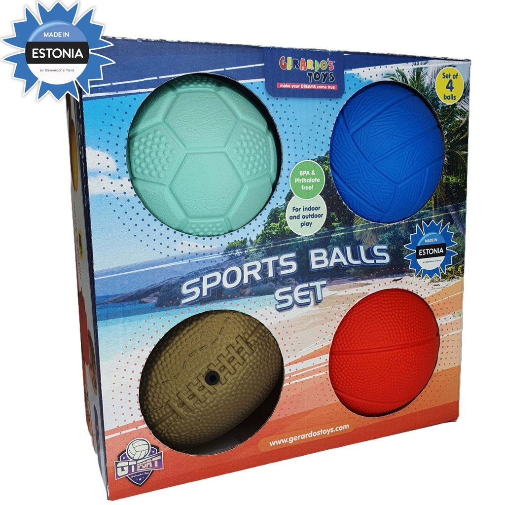 2. Gerardo's Toys sports balls set packaging showing four colorful balls with product details and Estonia label