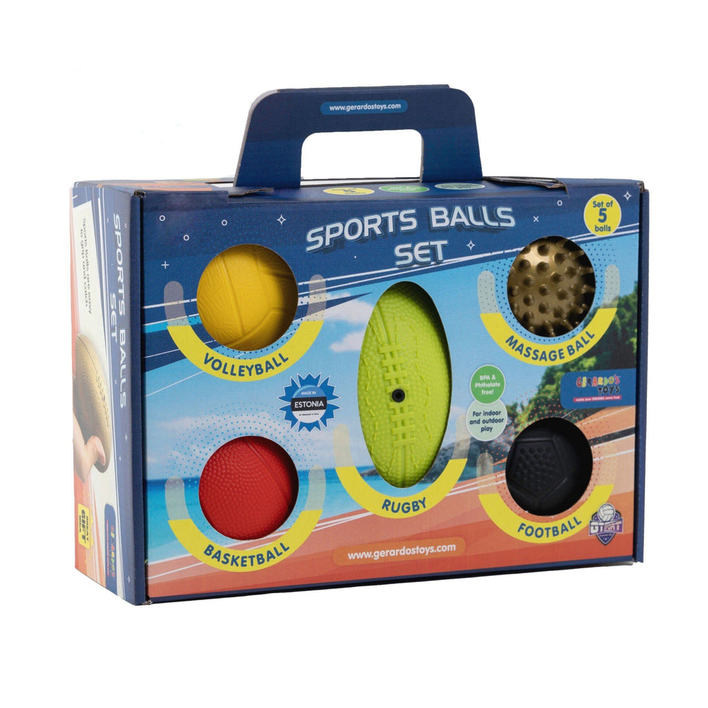 2. Gerardo's Toys sports balls set in packaging showing volleyball, rugby, massage ball, basketball, and football