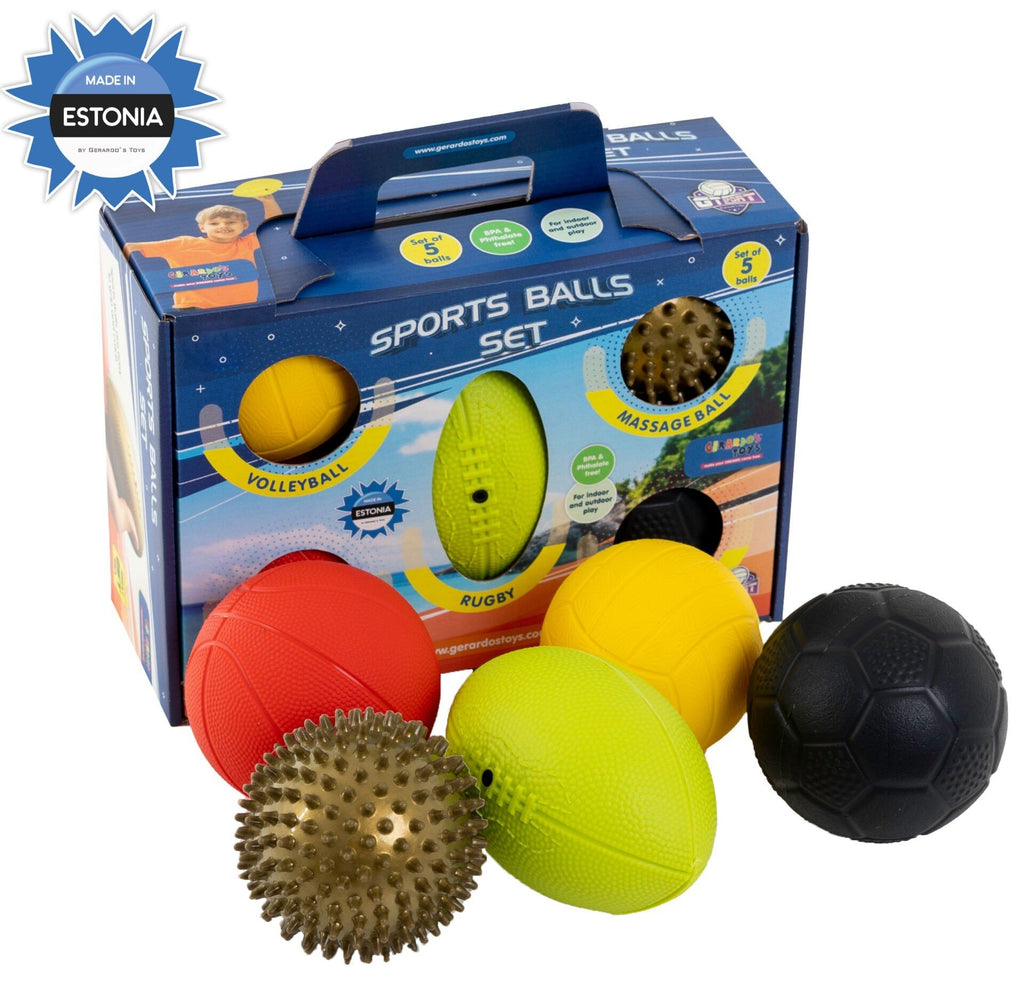2. Gerardo's Toys sports balls set with individual balls displayed in front of packaging