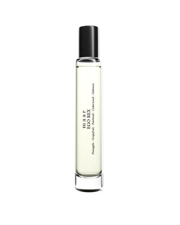 1. Maar Ego Rex perfume in a tall, clear bottle with black cap, featuring notes of pineapple, grapefruit, and patchouli, shown on a white background
