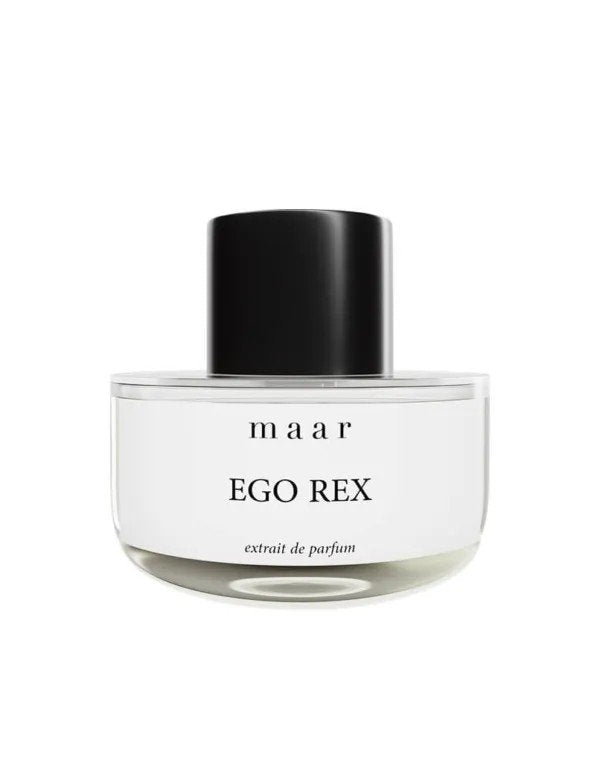 6. Maar Ego Rex perfume in a round, clear bottle with black cap, featuring elegant branding on a white background