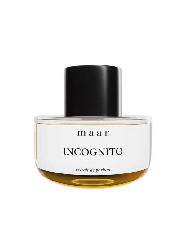 2. Maar Incognito perfume bottle with black cap and amber liquid on white background