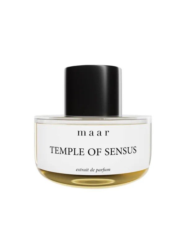 2. Maar Temple of Sensus perfume in a round glass bottle with black cap, 50ml size, on a white background
