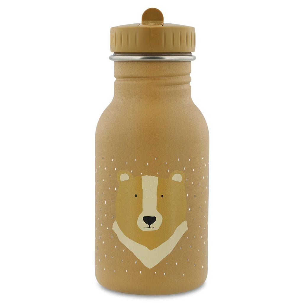 2. Trixie Baby Mr. Bear stainless steel bottle with bear face design on beige background, featuring easy-to-open cap and loop for carrying