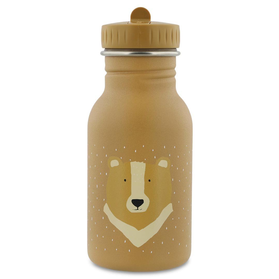 2. Trixie Baby Mr. Bear stainless steel bottle with bear face design on beige background, featuring easy-to-open cap and loop for carrying