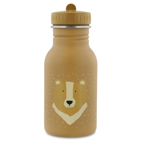 2. Trixie Baby Mr. Bear stainless steel bottle with bear face design on beige background, featuring easy-to-open cap and loop for carrying