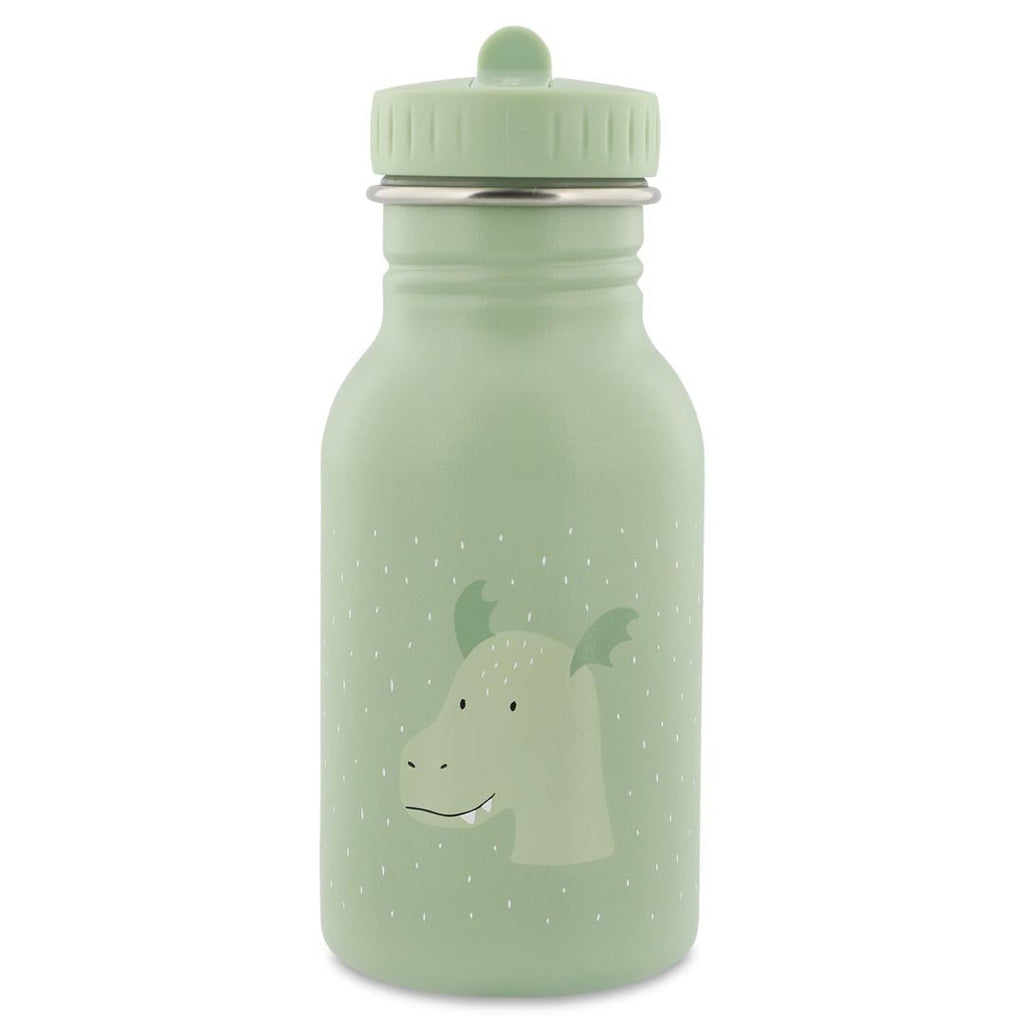 2. Green stainless steel bottle with dragon illustration and easy-open cap, studio background