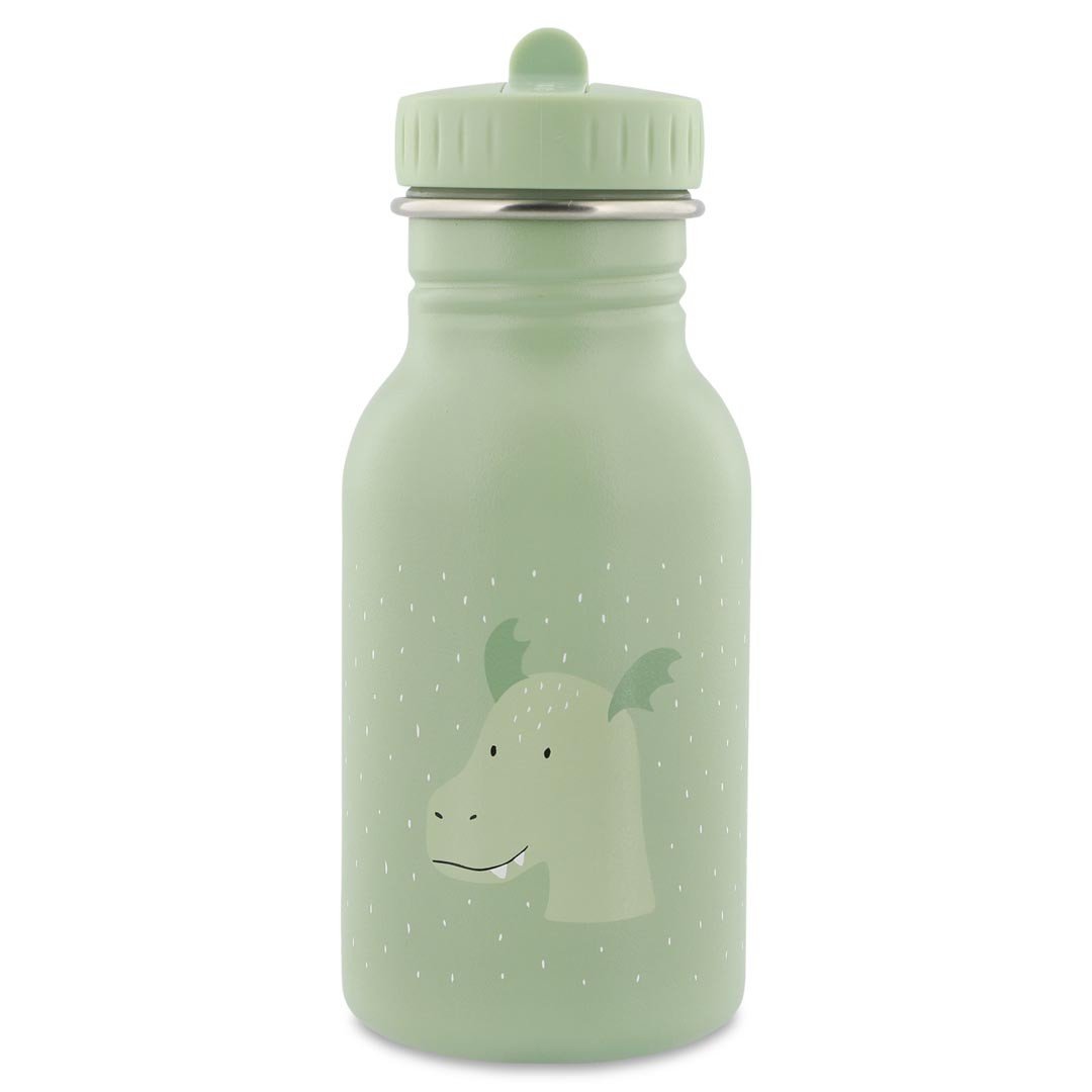 2. Green stainless steel bottle with dragon illustration and easy-open cap, studio background