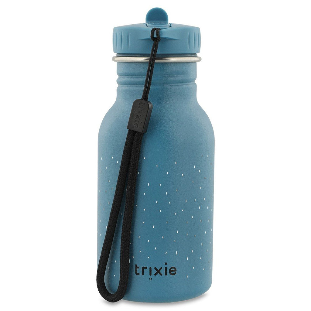 11. Blue stainless steel bottle with Trixie logo, black carrying loop, and dotted pattern, by Trixie Baby