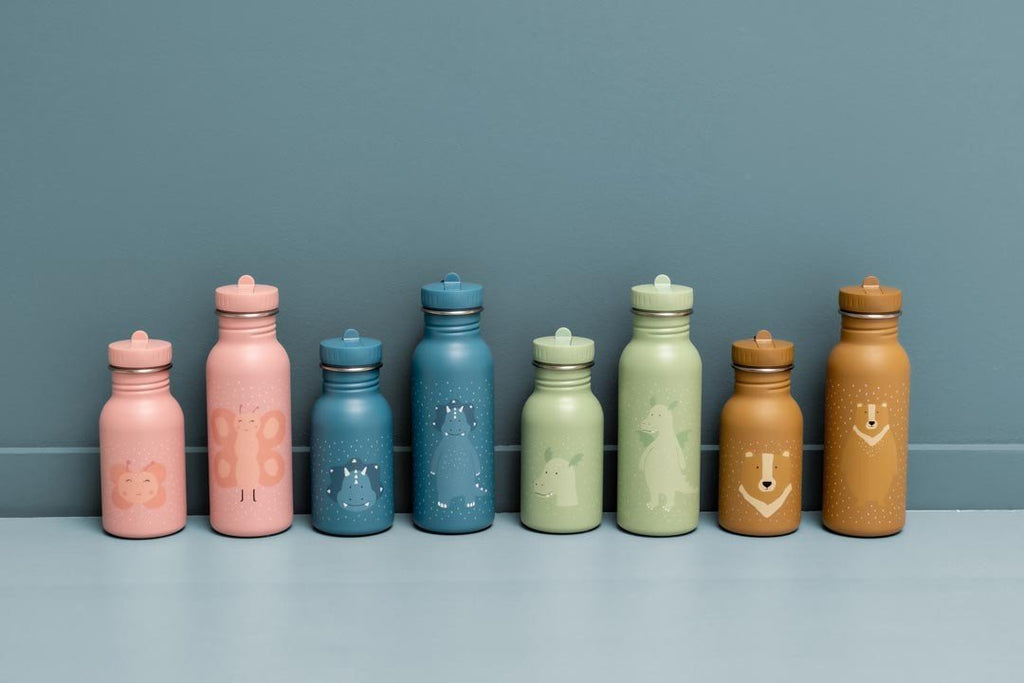 6. Seven colorful stainless steel bottles with animal designs, including Mr. Triceratops, on blue background