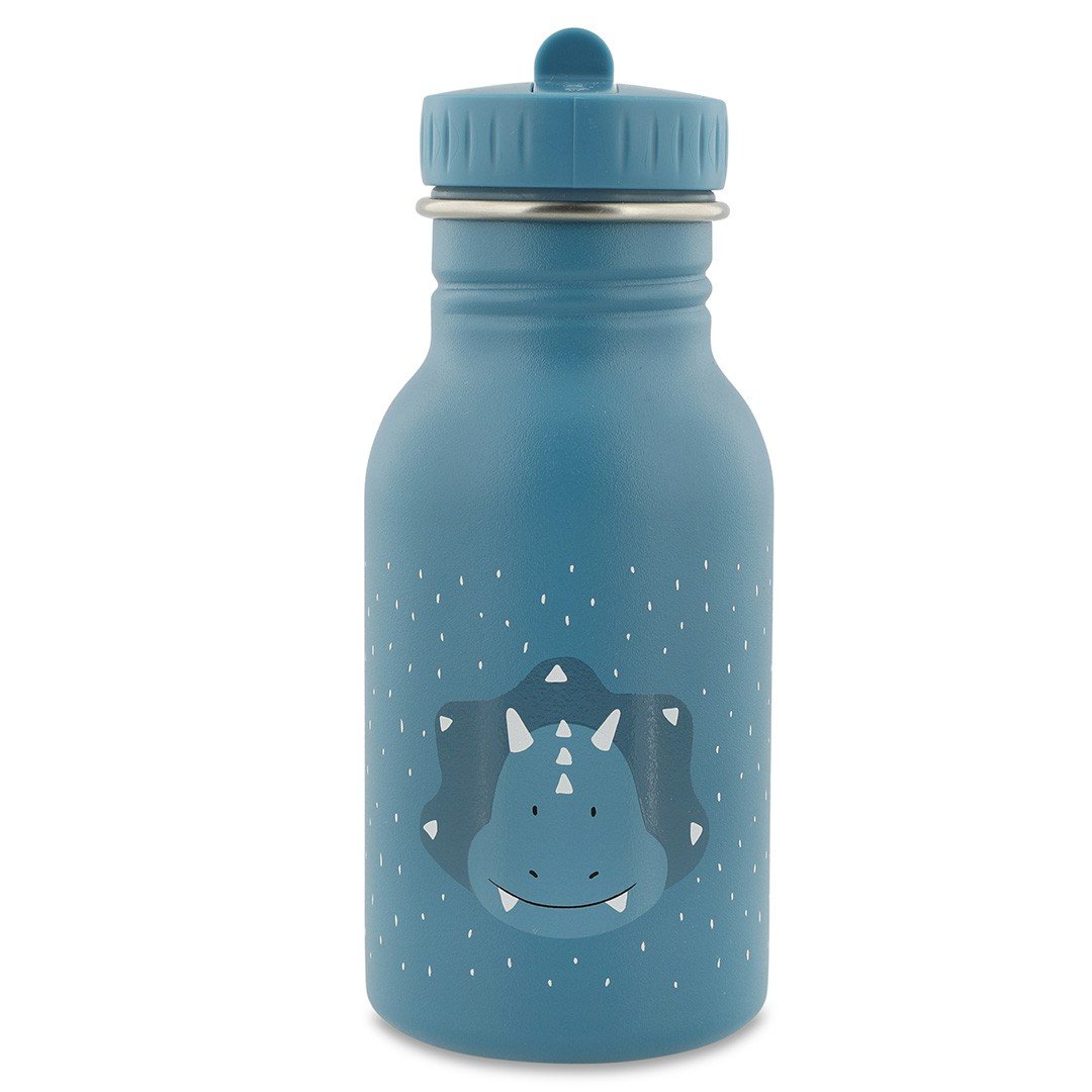 1. Blue stainless steel bottle with Mr. Triceratops design and dotted pattern, featuring a leak-proof cap, by Trixie Baby