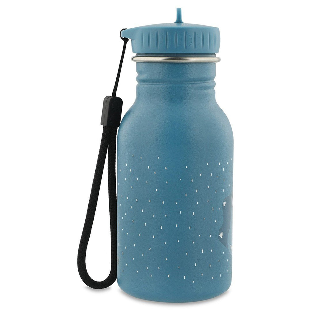 2. Side view of blue stainless steel bottle with black carrying loop and dotted pattern, by Trixie Baby