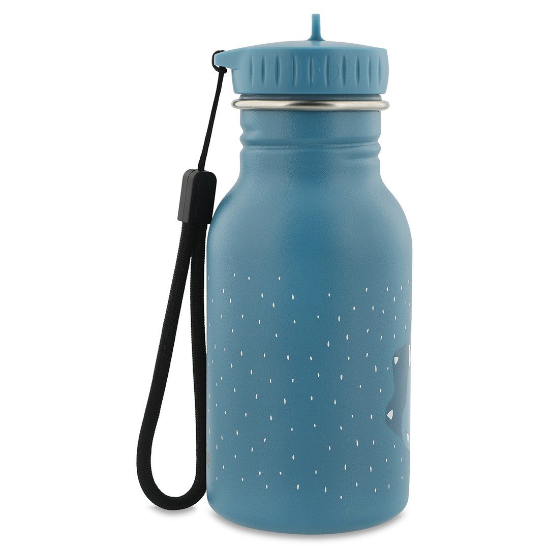 2. Side view of blue stainless steel bottle with black carrying loop and dotted pattern, by Trixie Baby