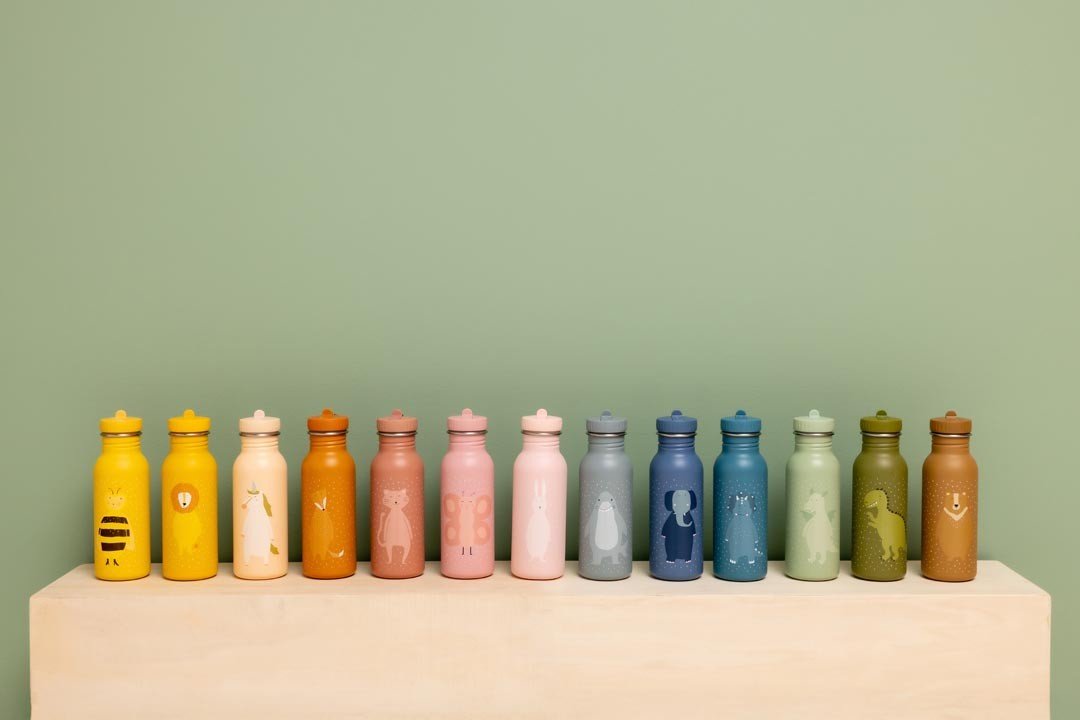 7. Twelve colorful stainless steel bottles with various animal designs, including Mr. Triceratops, on green background