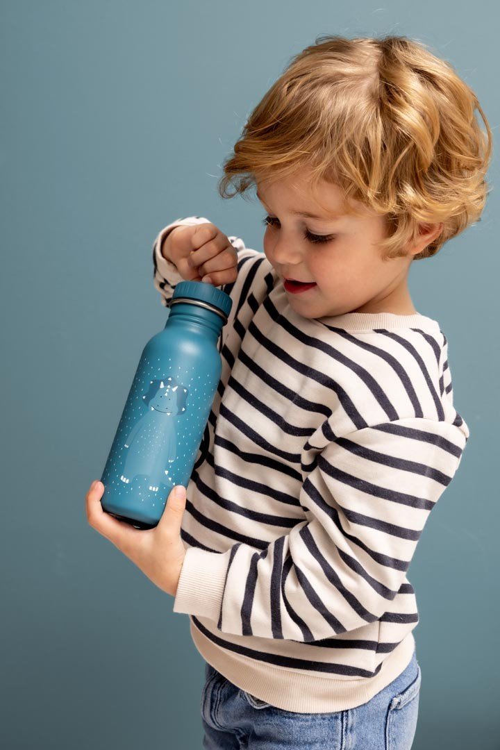 3. Child holding blue Mr. Triceratops stainless steel bottle, wearing striped shirt, against blue background