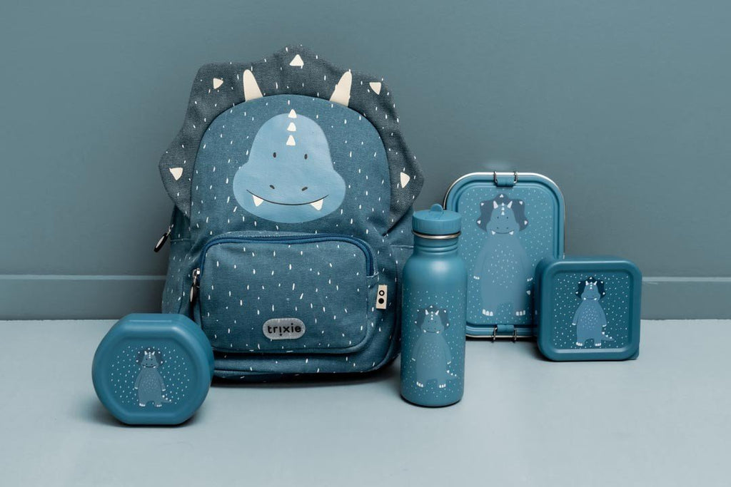 10. Blue Mr. Triceratops backpack and matching accessories including bottle and lunch boxes, by Trixie Baby