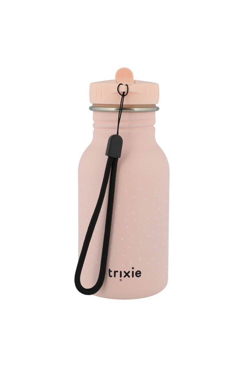 3. Pink stainless steel bottle with bunny design, black carrying loop, and Trixie logo