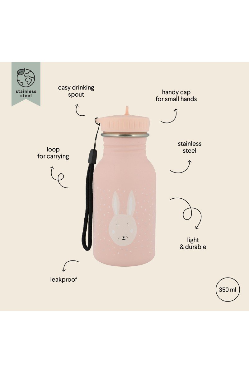 5. Size chart illustration for pink stainless steel bottle with bunny design, highlighting features like leakproof and easy spout